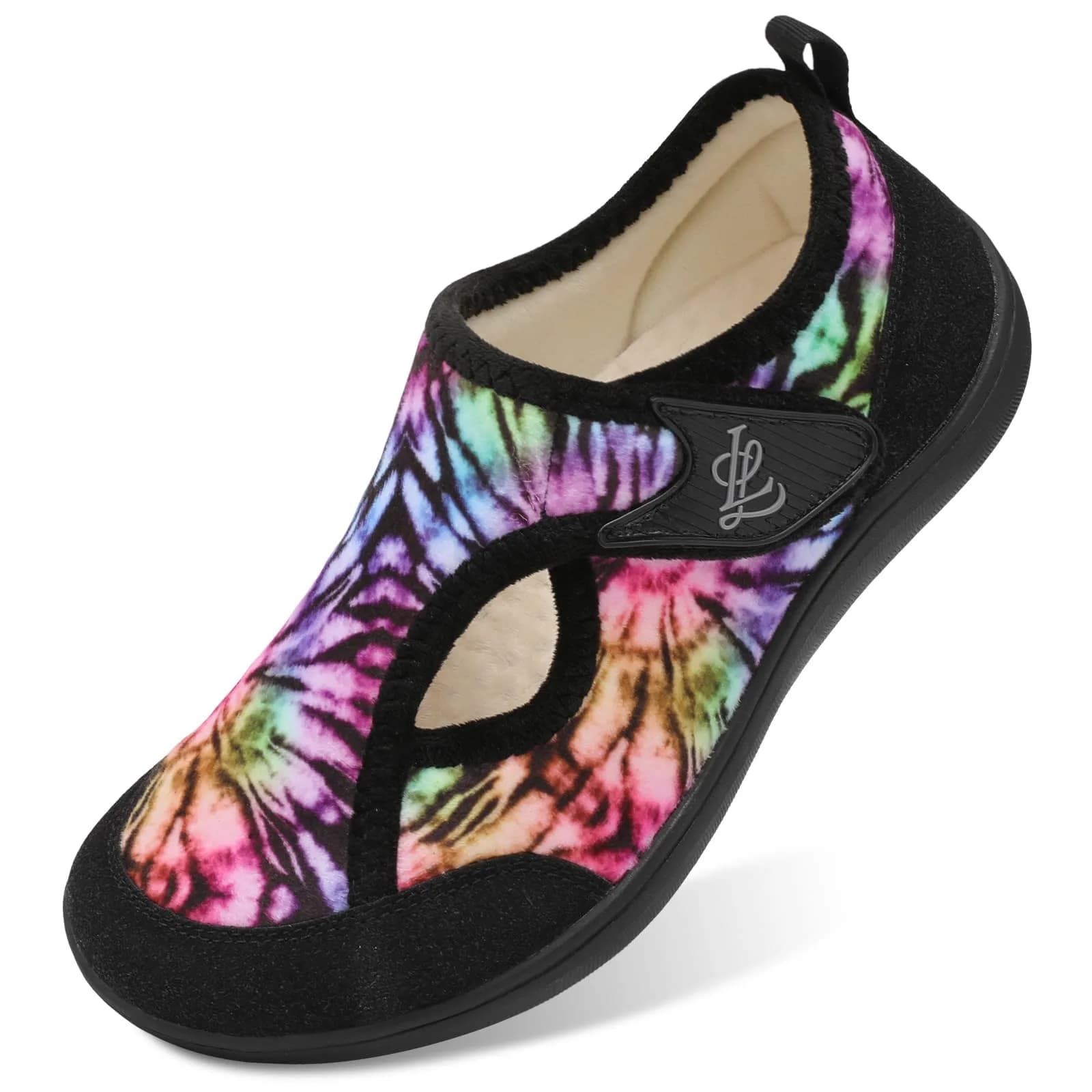 LeIsfIt Women's Wide Diabetic Slippers with Adjustable Hook & Loop, Plush Lined Indoor Outdoor House Shoes, Black Multi, Size 8 Wide - main product image