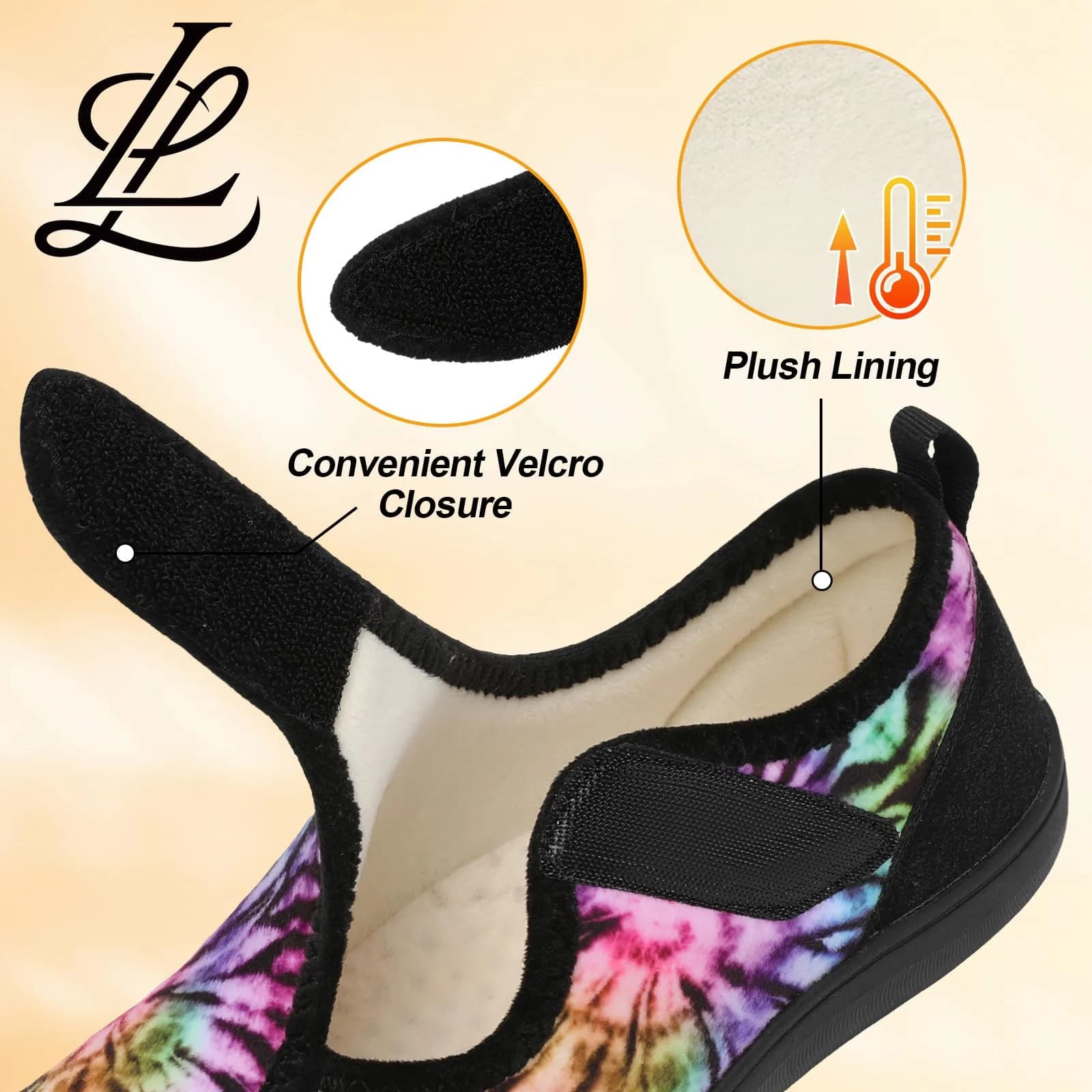 LeIsfIt Women's Wide Diabetic Slippers with Adjustable Hook & Loop, Plush Lined Indoor Outdoor House Shoes, Black Multi, Size 8 Wide - view 5