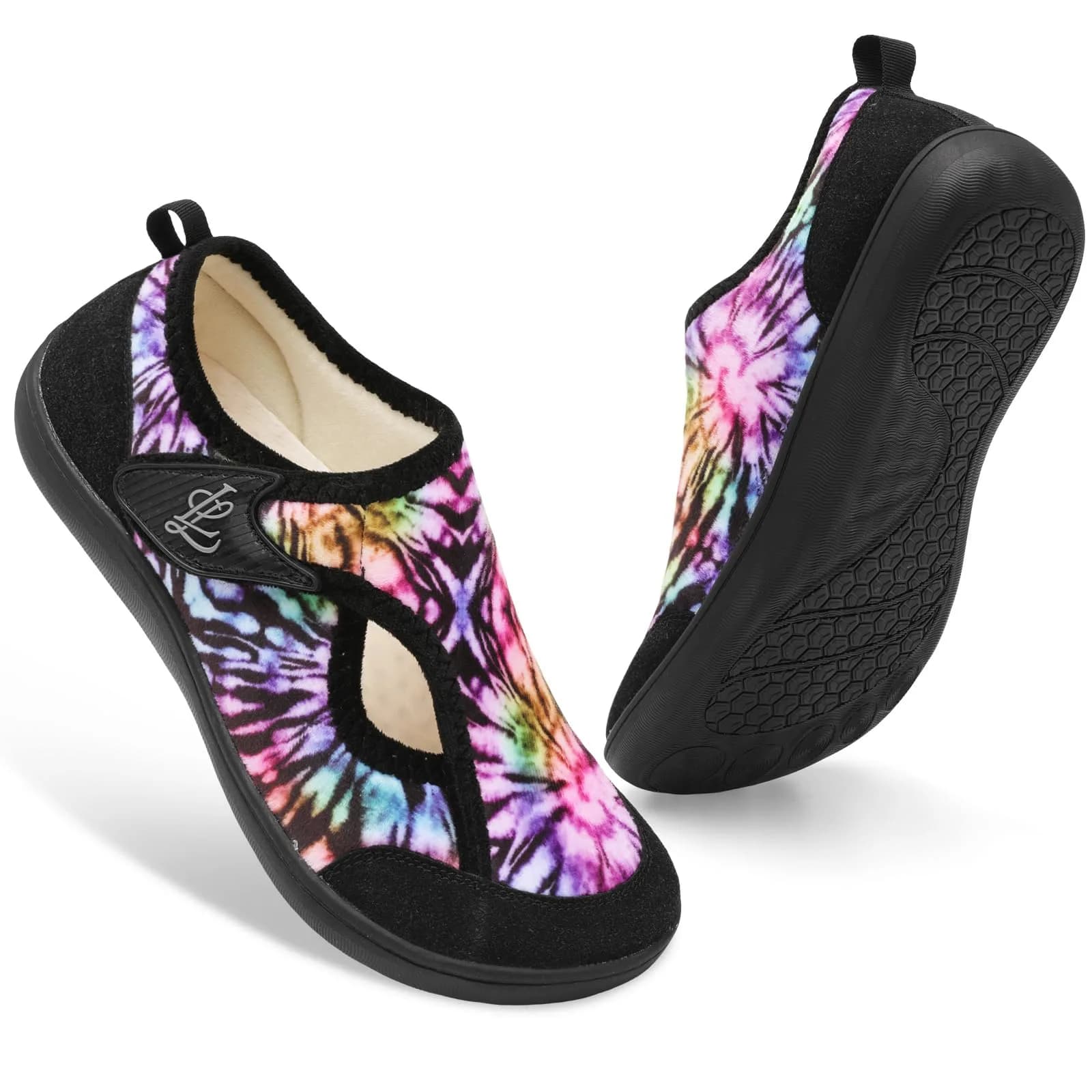 LeIsfIt Women's Wide Diabetic Slippers with Adjustable Hook & Loop, Plush Lined Indoor Outdoor House Shoes, Black Multi, Size 8 Wide - view 8