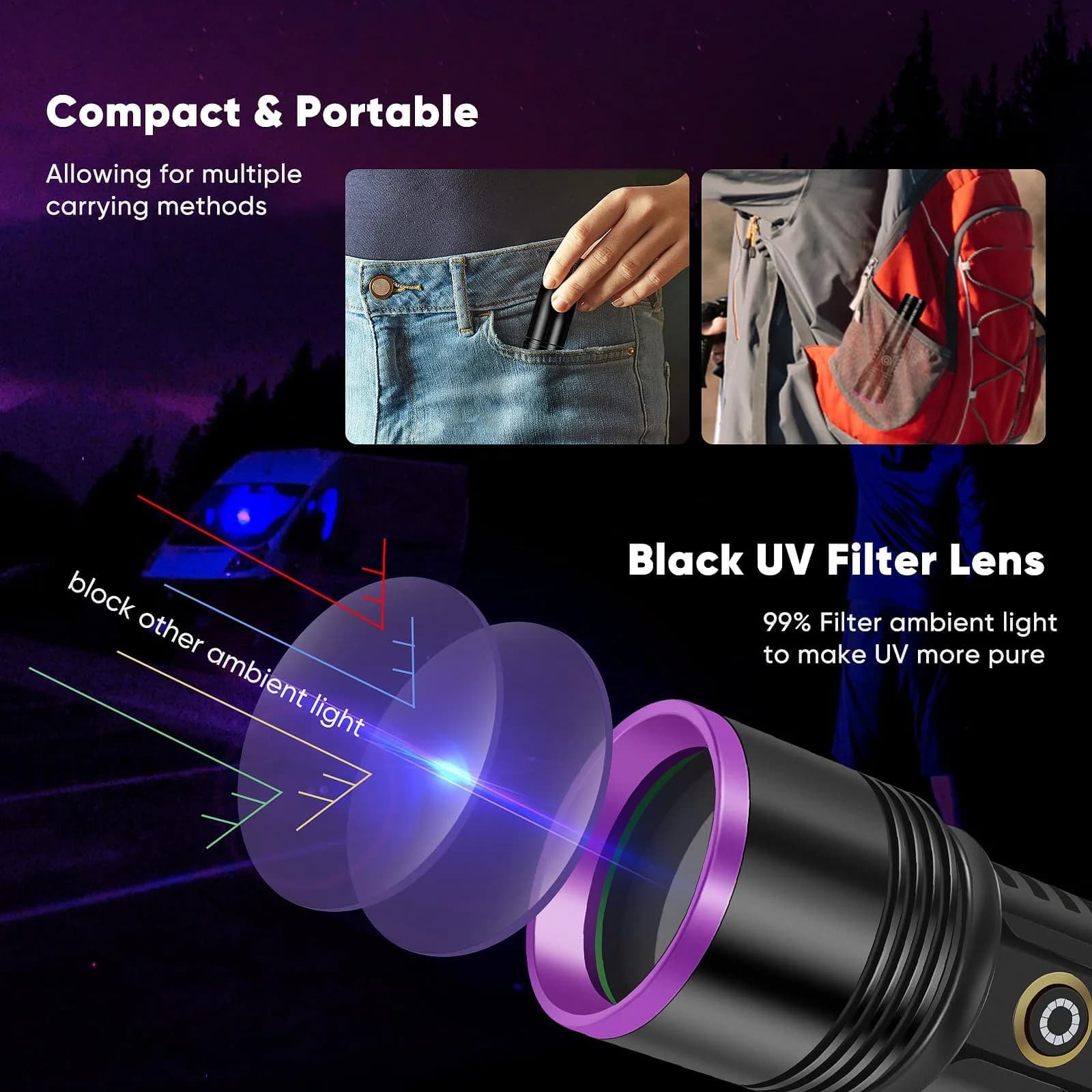 LUXNOVAQ 30W UV Flashlight USB Rechargeable with Filter Lens | 191g (6.7oz) - view 2