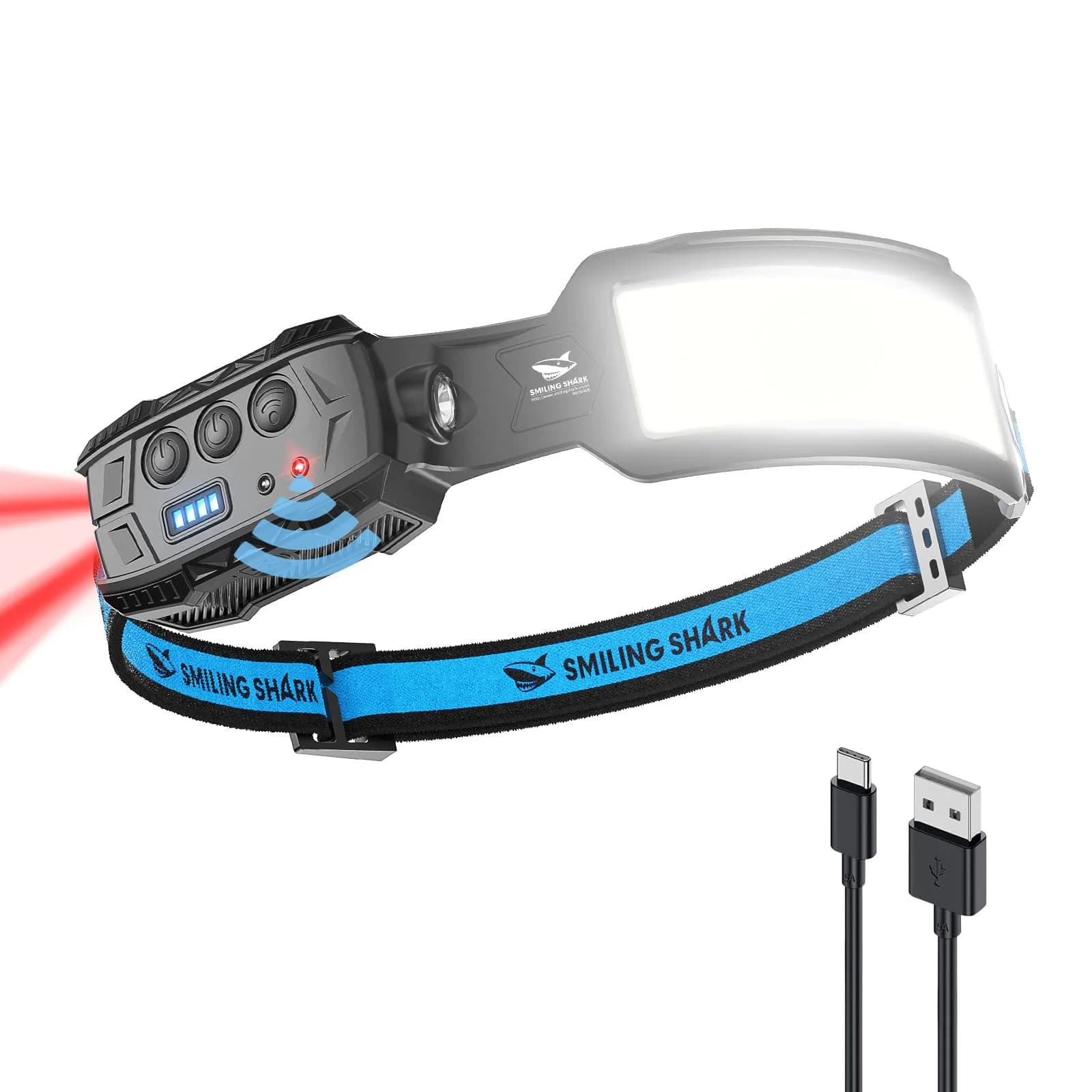 Smiling Shark Headlamp LED Rechargeable 6 Modes 7 White Lights 270° Lighting Red Tail Light | Perfect for Camping & Outdoor Activities — White
