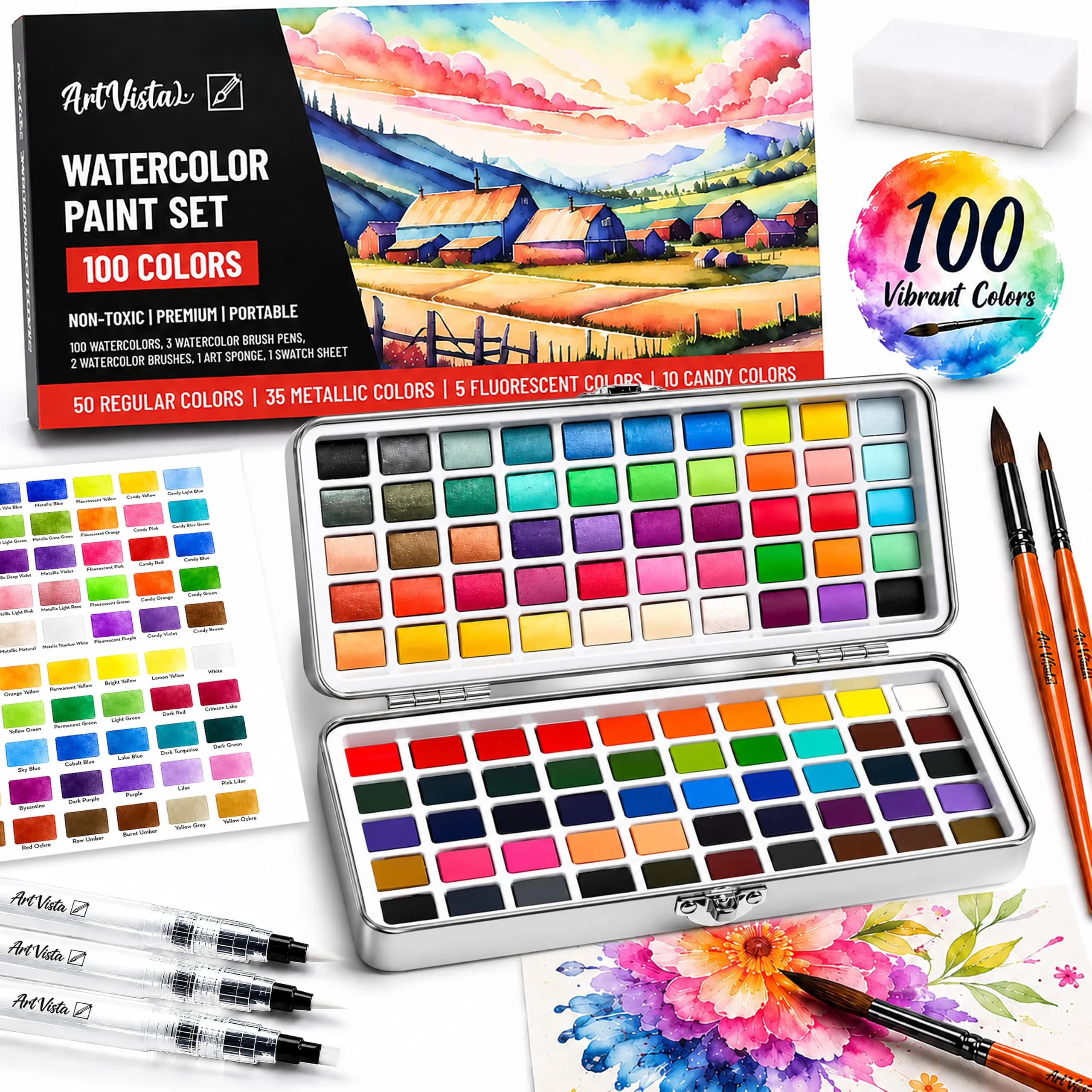 Art Vista Watercolor Paint Set 100 Vibrant Colors, Metallics & Neons | ASTM D-4236 Certified — Standard Set