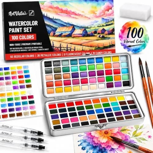 Art Vista Watercolor Paint Set 100 Vibrant Colors, Metallics & Neons | ASTM D-4236 Certified thumbnail 1