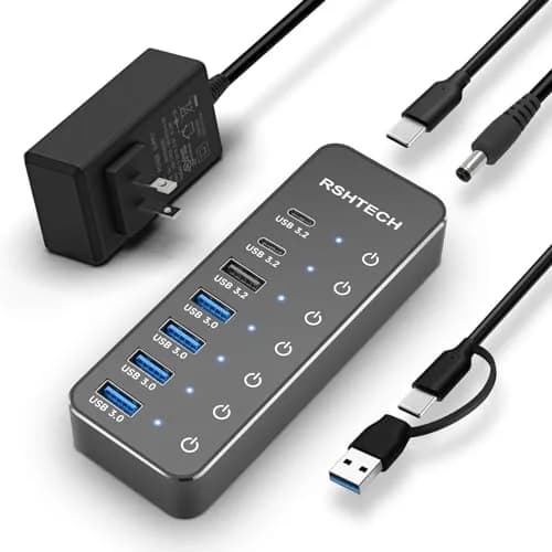 RSHTECH 7-Port Powered USB 3.2/USB C Hub with 10Gbps USB-A 3.2, 2 USB-C 3.2, 4 USB 3.0 Ports, Individual Touch Switches, 3.3ft Cable and 5V Power Adapter | Fast Data Transfer thumbnail 1