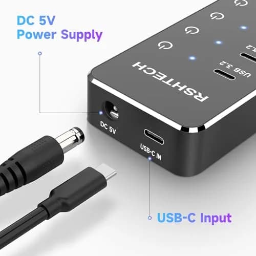 RSHTECH 7-Port Powered USB 3.2/USB C Hub with 10Gbps USB-A 3.2, 2 USB-C 3.2, 4 USB 3.0 Ports, Individual Touch Switches, 3.3ft Cable and 5V Power Adapter | Fast Data Transfer thumbnail 6
