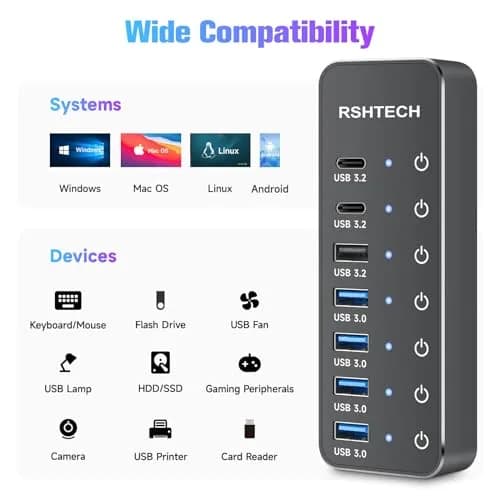 RSHTECH 7-Port Powered USB 3.2/USB C Hub with 10Gbps USB-A 3.2, 2 USB-C 3.2, 4 USB 3.0 Ports, Individual Touch Switches, 3.3ft Cable and 5V Power Adapter | Fast Data Transfer thumbnail 7