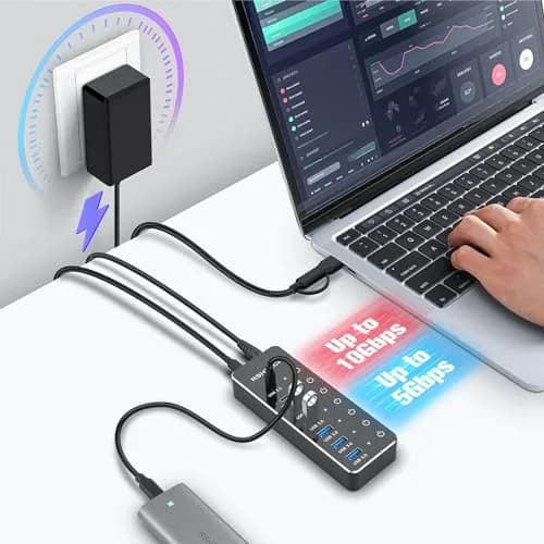 RSHTECH 7-Port Powered USB 3.2/USB C Hub with 10Gbps USB-A 3.2, 2 USB-C 3.2, 4 USB 3.0 Ports, Individual Touch Switches, 3.3ft Cable and 5V Power Adapter | Fast Data Transfer thumbnail 2