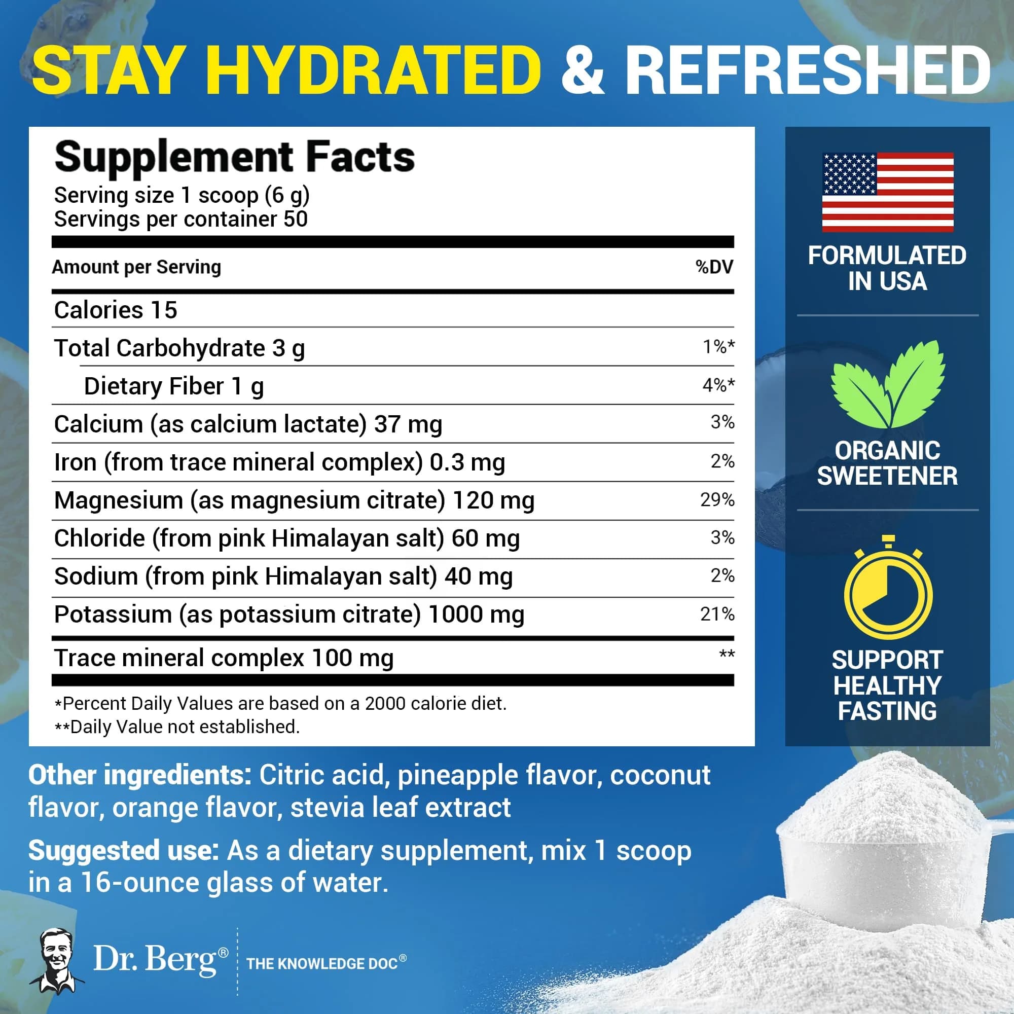 Dr. Berg Tropical Coconut, Pineapple & Orange Keto Electrolyte Powder - 50 Servings, Zero Sugar - view 3