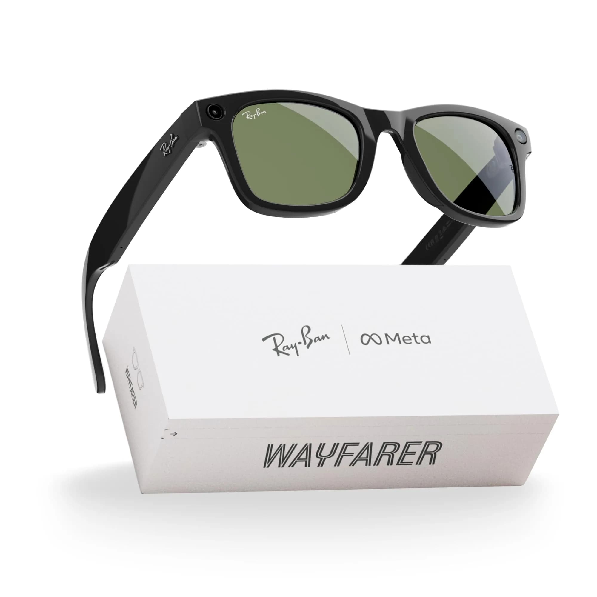 Meta Wayfarer Large Smart AI Glasses Shiny Black | 12 MP Camera, Open-Ear Audio, Video Recording, Bluetooth, Green Lenses — Standard / Shiny Black/Green