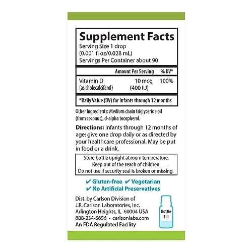 Carlson Baby's Plant-Based Super Daily D3 Drops 2.54 mL (0.086 Fl Oz) | 400 IU (10 mcg) Per Drop thumbnail 3