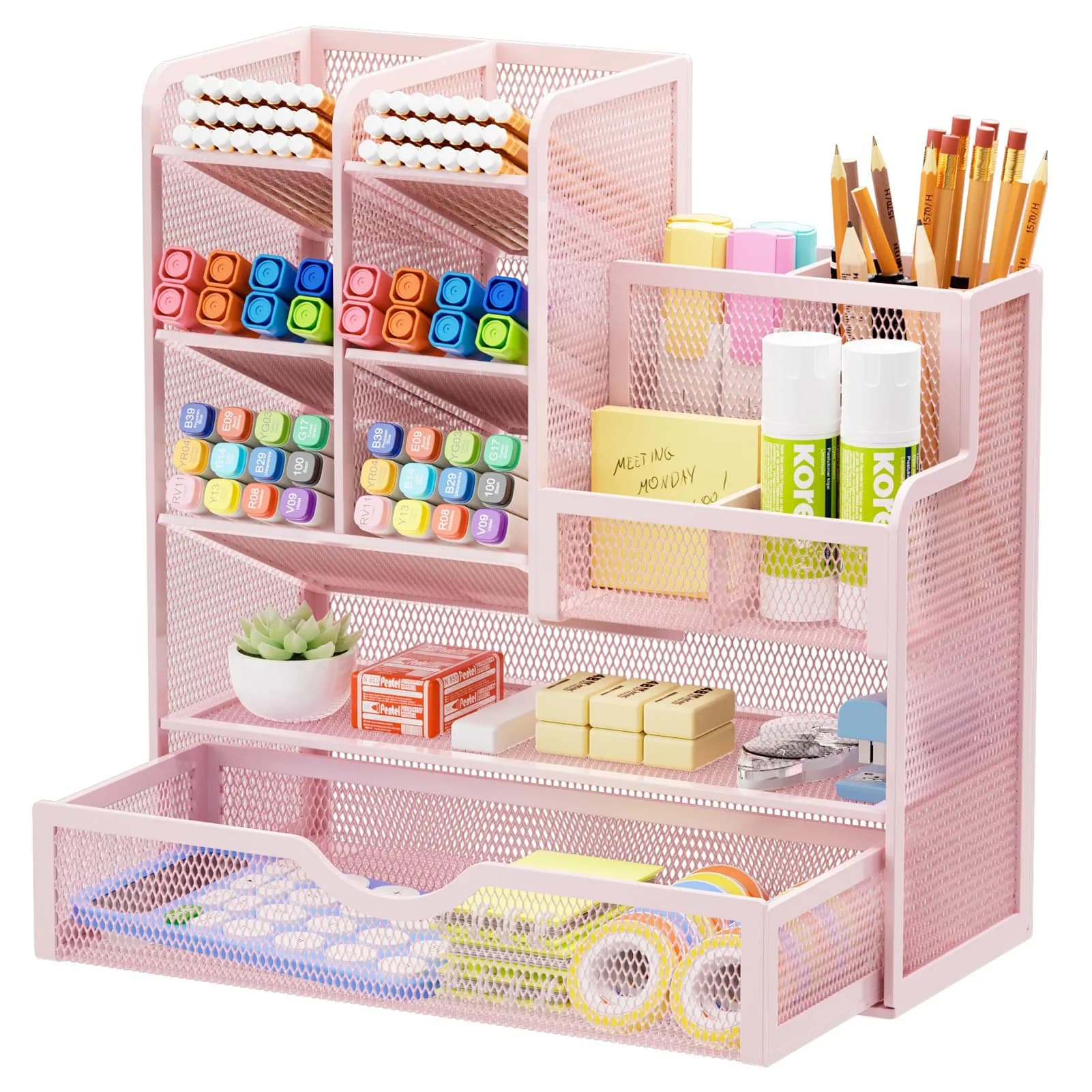 Marbrasse Mesh Desk Organizer with Drawer, Multi-Functional Pencil Organizer, 12 Compartments, Pink | Modern, Minimalist Office Accessory