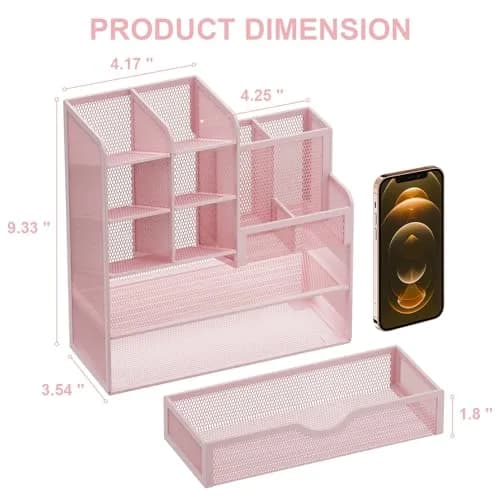 Marbrasse Mesh Desk Organizer with Drawer, Multi-Functional Pencil Organizer, 12 Compartments, Pink | Modern, Minimalist Office Accessory thumbnail 4