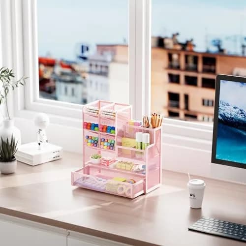 Marbrasse Mesh Desk Organizer with Drawer, Multi-Functional Pencil Organizer, 12 Compartments, Pink | Modern, Minimalist Office Accessory thumbnail 5