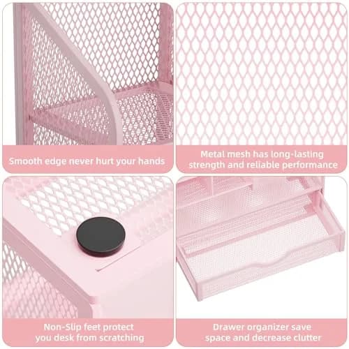 Marbrasse Mesh Desk Organizer with Drawer, Multi-Functional Pencil Organizer, 12 Compartments, Pink | Modern, Minimalist Office Accessory thumbnail 6