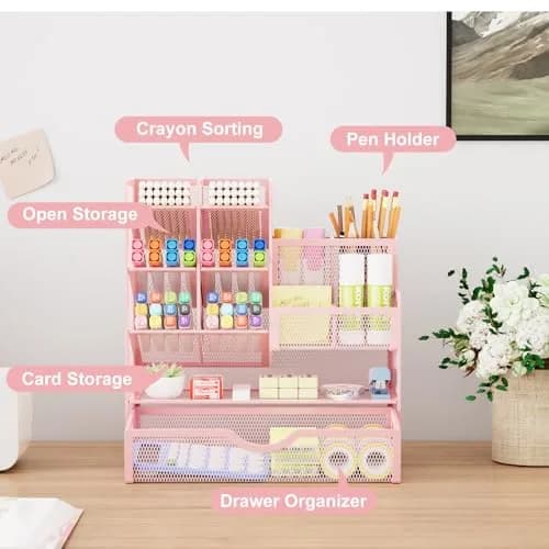 Marbrasse Mesh Desk Organizer with Drawer, Multi-Functional Pencil Organizer, 12 Compartments, Pink | Modern, Minimalist Office Accessory thumbnail 2