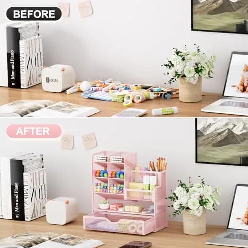 Marbrasse Mesh Desk Organizer with Drawer, Multi-Functional Pencil Organizer, 12 Compartments, Pink | Modern, Minimalist Office Accessory thumbnail 3