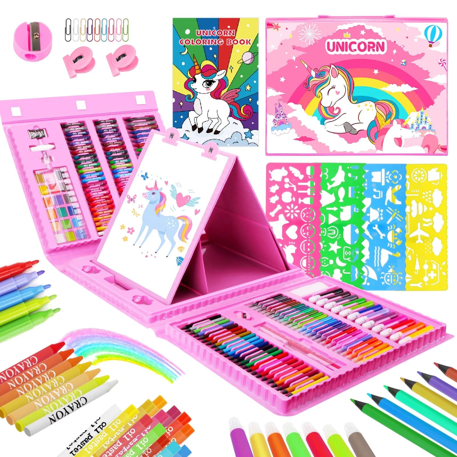 homicozy Unicorn Art Case Drawing Kit for Kids 243 PCS | Includes Easel, Crayons, Pencils, Markers, Coloring Book, Stickers — Pink Unicorn
