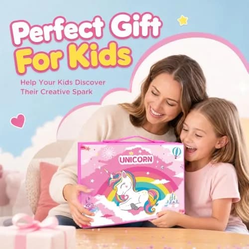 homicozy Unicorn Art Case Drawing Kit for Kids 243 PCS | Includes Easel, Crayons, Pencils, Markers, Coloring Book, Stickers thumbnail 8