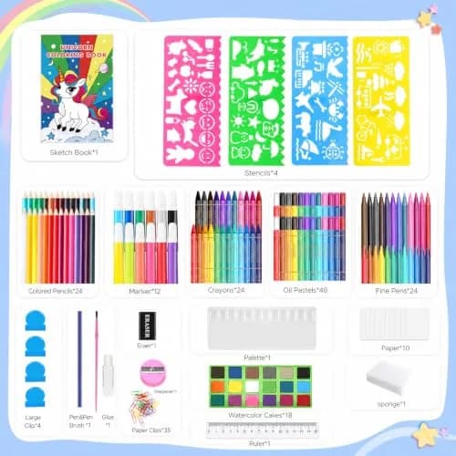 homicozy Unicorn Art Case Drawing Kit for Kids 243 PCS | Includes Easel, Crayons, Pencils, Markers, Coloring Book, Stickers thumbnail 2
