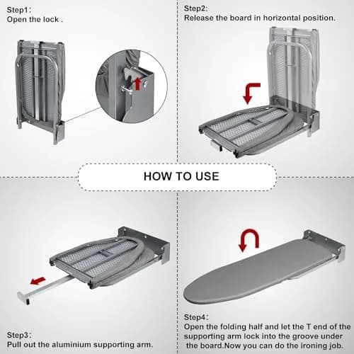 Duwee Wall Mounted Ironing Board with Heat Resistant Cover & Felt Padding 93cm (36") x 32cm (12") | Space-Saving Foldable Design thumbnail 6
