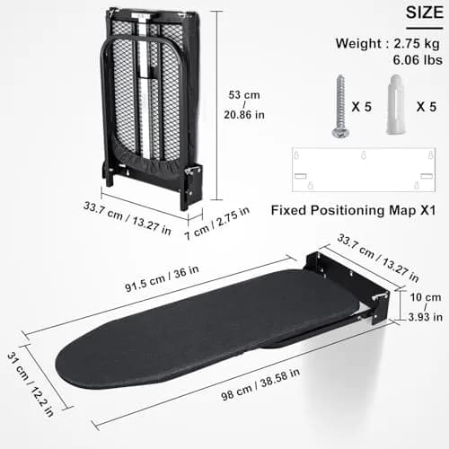 Duwee Wall Mounted Ironing Board with Heat Resistant Cover & Felt Padding 93cm (36") x 32cm (12") | Space-Saving Foldable Design thumbnail 2