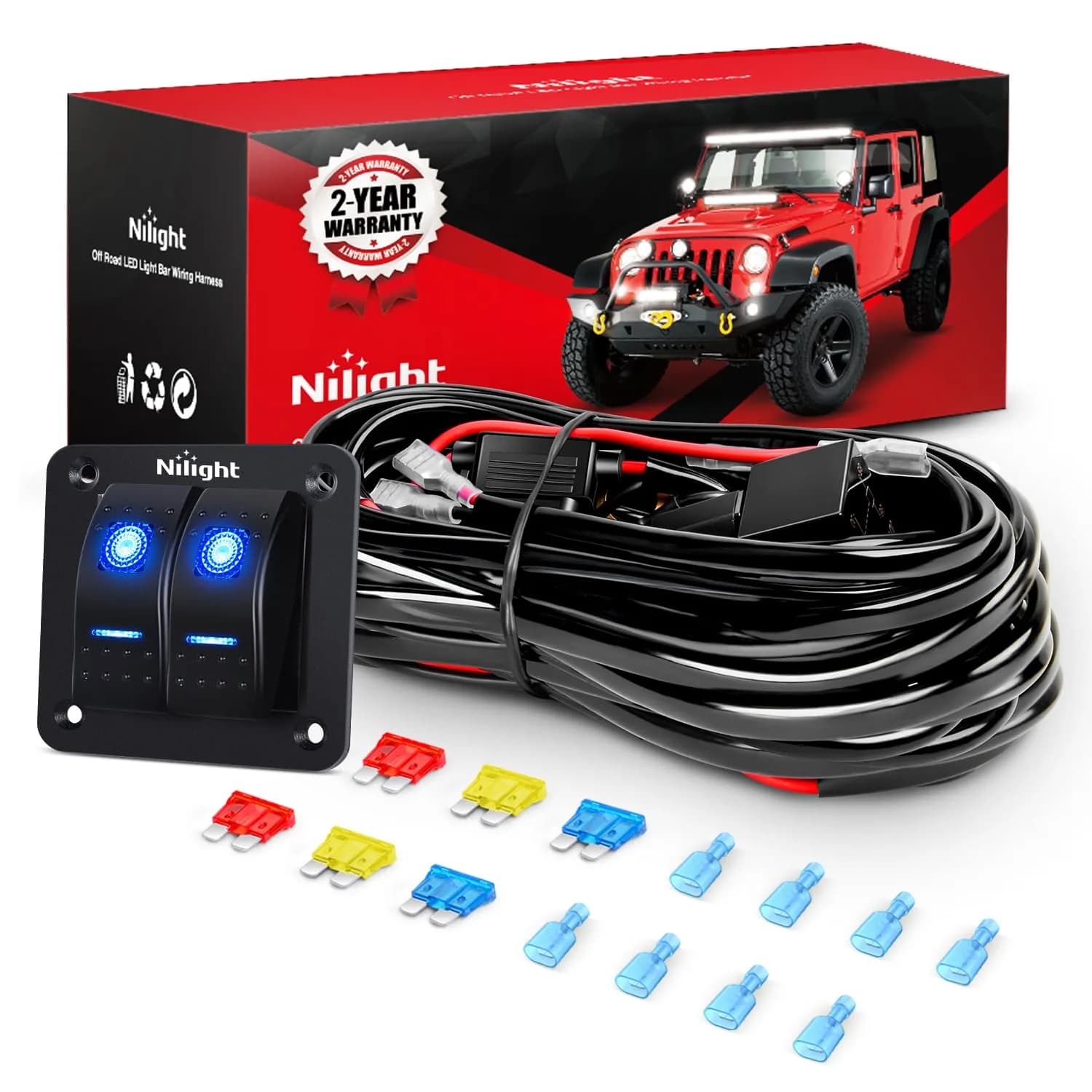 Nilight NI-WA 06 LED Light Bar Wiring Harness Kit with 2 Leads, 12V On/Off Switch, Relay & Fuse | 3.05 m (10 ft) Cable — 2Gang Rocker Switch 16AWG Wiring Harness
