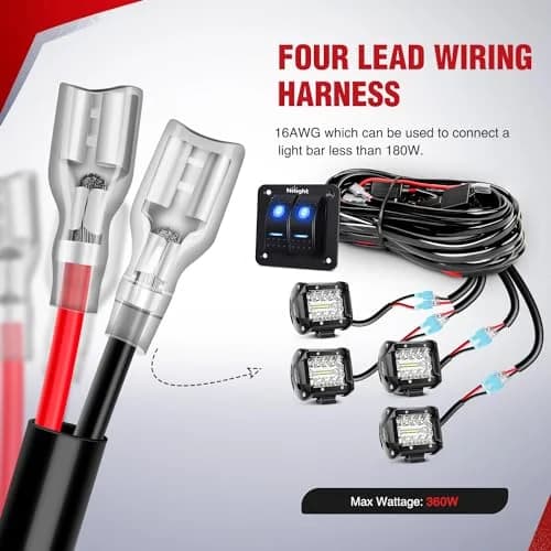 Nilight 2-Gang Rocker Switch Panel Wiring Harness Kit 16AWG 360W | Controls 4 Lights for 12V Vehicles thumbnail 2