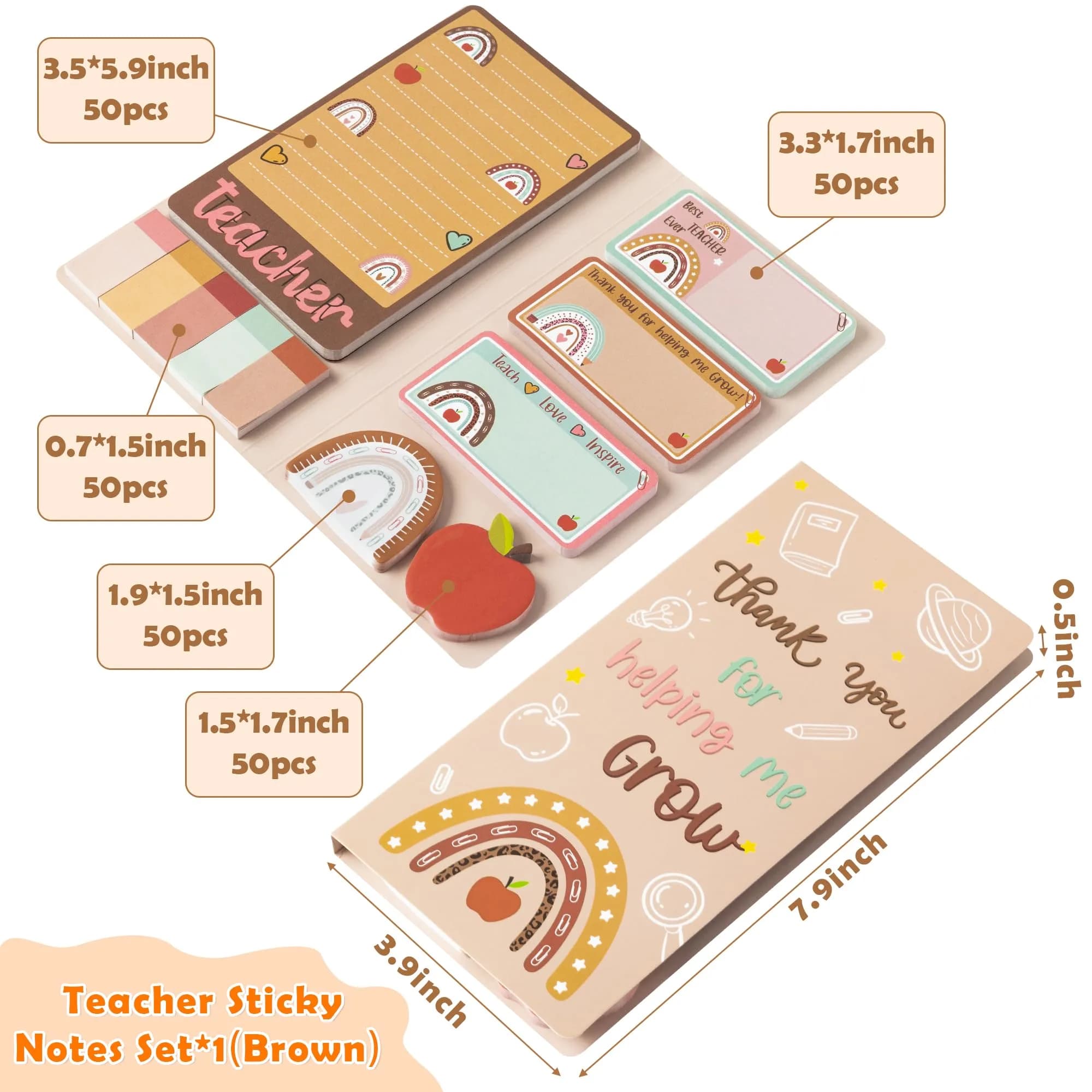 Xqumoi Boho Teacher Sticky Notes Set (550 Sheets, Brown) | Thank You for Helping Me Grow Design - view 2
