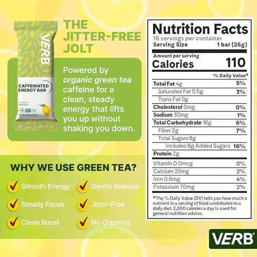 Verb Caffeinated Energy Bars Lemon 26g | Long-Lasting Focus & Refreshing Flavor thumbnail 3