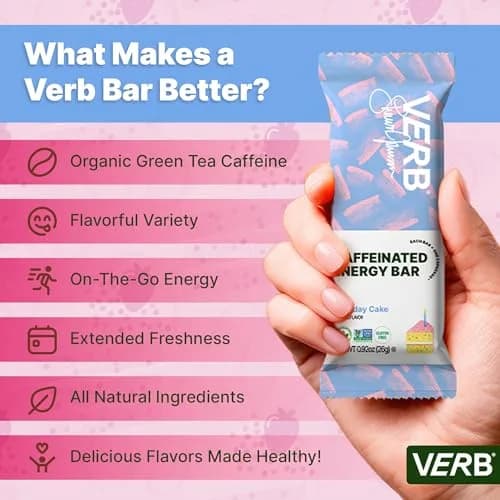 Verb Caffeinated Energy Bars Birthday Cake 26g | Vegan, Gluten-Free, Low Sugar, 16 Pack thumbnail 6