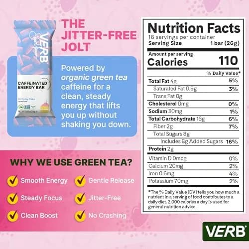 Verb Caffeinated Energy Bars Birthday Cake 26g | Vegan, Gluten-Free, Low Sugar, 16 Pack thumbnail 3