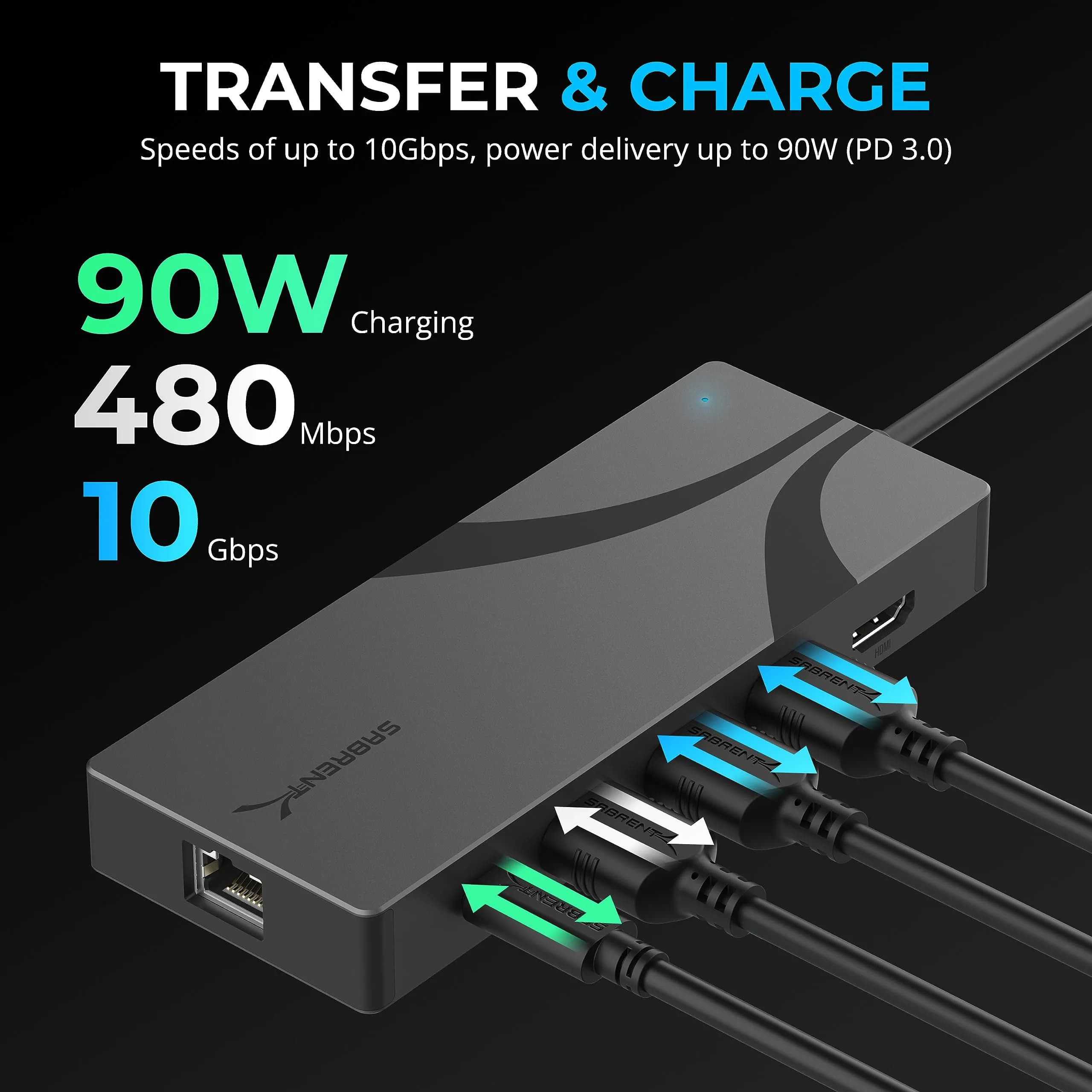 Sabrent Dark Gray 4-Port USB 3.0 Hub with Individual Power Switches & LED Indicators (HB-UM43) - view 3