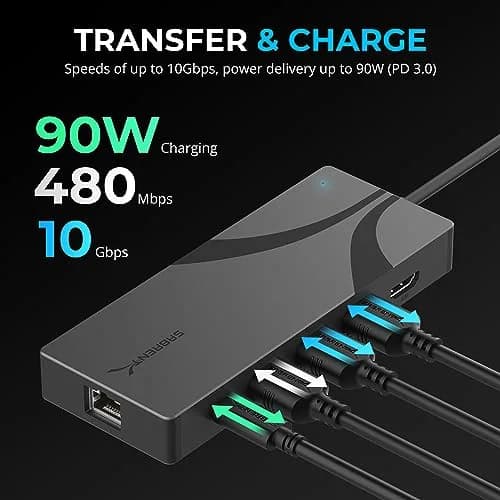 Sabrent USB-C 6-Port Hub & M.2 SSD Dock 136g (4.8oz) | 4K@60Hz HDMI, 90W PD, 10Gbps USB-C, 5Gbps USB-A, Gigabit Ethernet, M.2 NVMe/SATA SSD Slot thumbnail 3