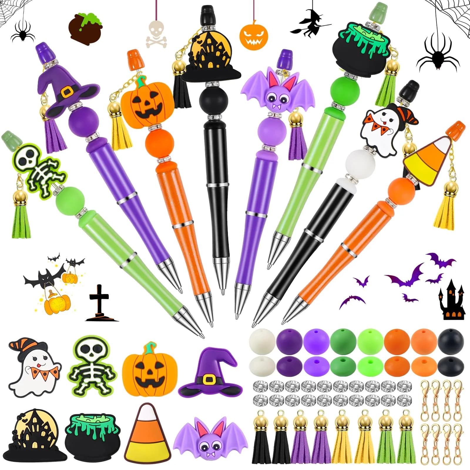 CZWZ Halloween Beadable Pens Set with Silicone Beads & Tassels, 8 Count, Black/Green/Purple/Orange — 8Set-Halloween