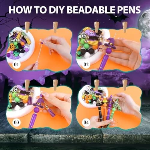 CZWZ Halloween Beadable Pens Set with Silicone Beads & Tassels, 8 Count, Black/Green/Purple/Orange thumbnail 4
