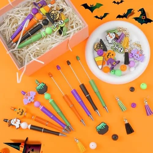 CZWZ Halloween Beadable Pens Set with Silicone Beads & Tassels, 8 Count, Black/Green/Purple/Orange thumbnail 2