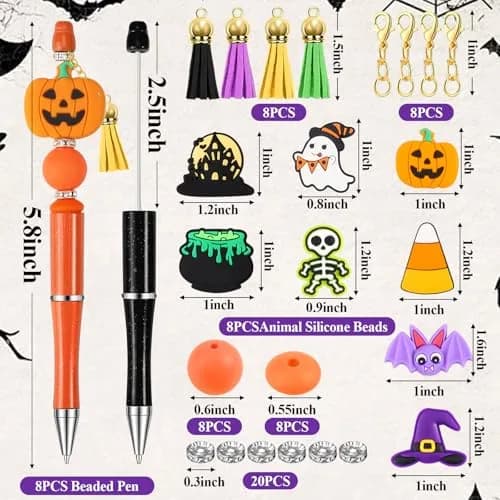 CZWZ Halloween Beadable Pens Set with Silicone Beads & Tassels, 8 Count, Black/Green/Purple/Orange thumbnail 3