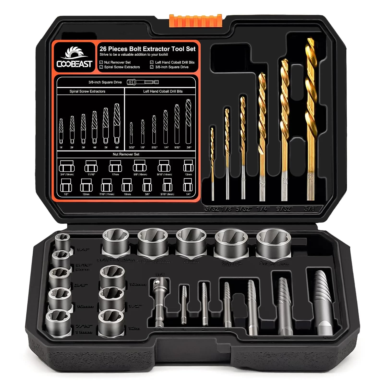 coobeast 26Pcs Bolt Extractor Kit,Left Hand Drill Bit,Easy Out Screw Bolt Extractor | Heavy Duty, Durable & Versatile