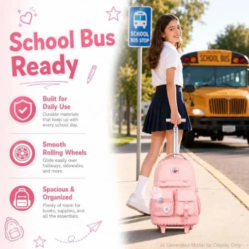 WZLVO Water Resistant Rolling Backpack for Girls & Women, 21 inch Pink | Durable & Spacious thumbnail 6