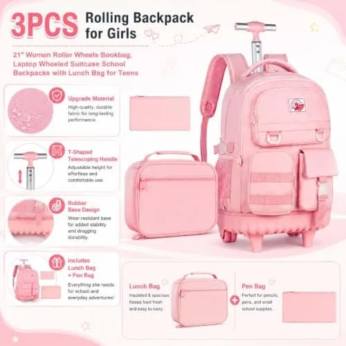 WZLVO Water Resistant Rolling Backpack for Girls & Women, 21 inch Pink | Durable & Spacious thumbnail 8
