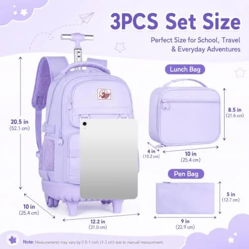 WZLVO Rolling Backpack with Wheels for Girls and Women, 19" High, Purple | Durable, Water-Resistant School Bag thumbnail 4