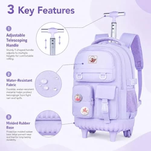 WZLVO Rolling Backpack with Wheels for Girls and Women, 19" High, Purple | Durable, Water-Resistant School Bag thumbnail 5