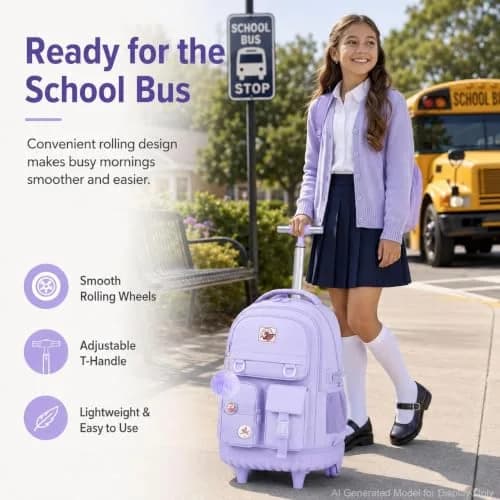 WZLVO Rolling Backpack with Wheels for Girls and Women, 19" High, Purple | Durable, Water-Resistant School Bag thumbnail 6