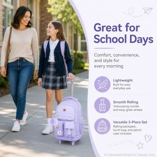 WZLVO Rolling Backpack with Wheels for Girls and Women, 19" High, Purple | Durable, Water-Resistant School Bag thumbnail 7