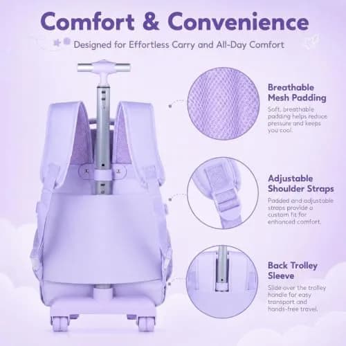 WZLVO Rolling Backpack with Wheels for Girls and Women, 19" High, Purple | Durable, Water-Resistant School Bag thumbnail 8