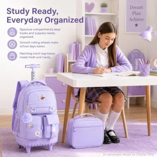 WZLVO Rolling Backpack with Wheels for Girls and Women, 19" High, Purple | Durable, Water-Resistant School Bag thumbnail 9