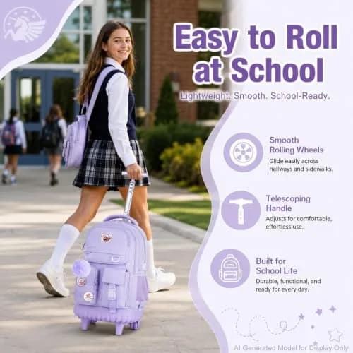 WZLVO Rolling Backpack with Wheels for Girls and Women, 19" High, Purple | Durable, Water-Resistant School Bag thumbnail 2
