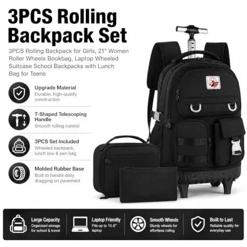 WZLVO 3PCS Rolling Backpack for Girls & Women | Durable Water-Resistant School & Travel Bag (19" High) thumbnail 7