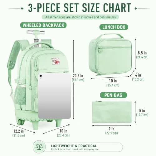 WZLVO Green Backpack with Wheels | Durable School & Travel Bag for Girls & Women thumbnail 4