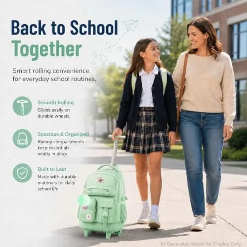 WZLVO Green Backpack with Wheels | Durable School & Travel Bag for Girls & Women thumbnail 6